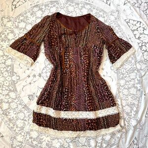 Cottage core Brown and Cream Dress with Lace Accents